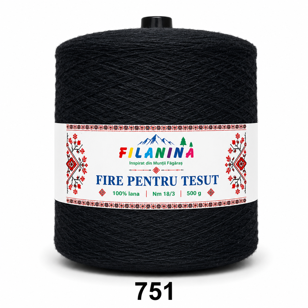 FIR PENTRU TESUT, 100% lana, Nm 18/3, cod 751, NEGRU, 500g