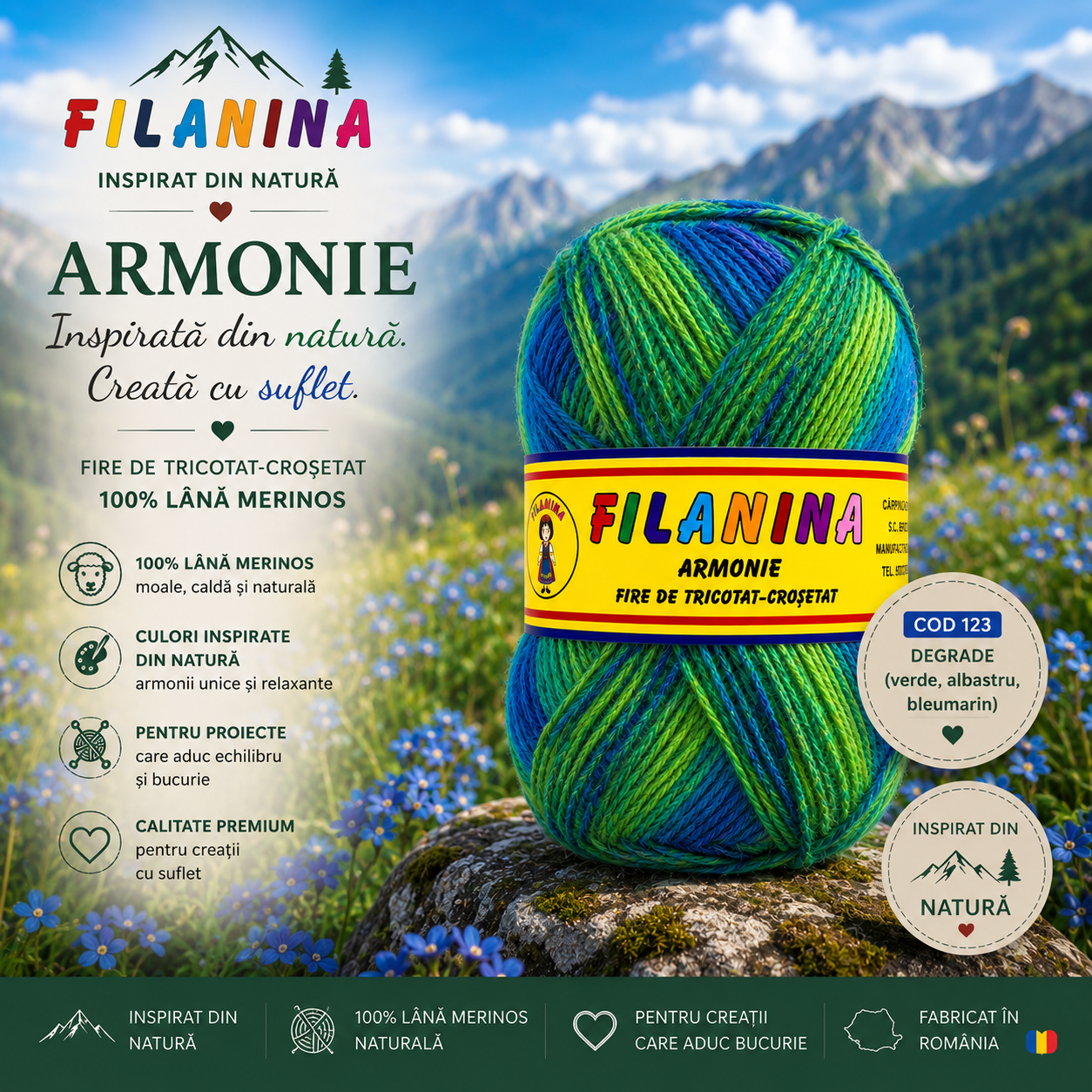 Lână 100% - 200m/ 100GR, COD 123- DEGRADE (verde, albastru, bleumarin) - imagine 2