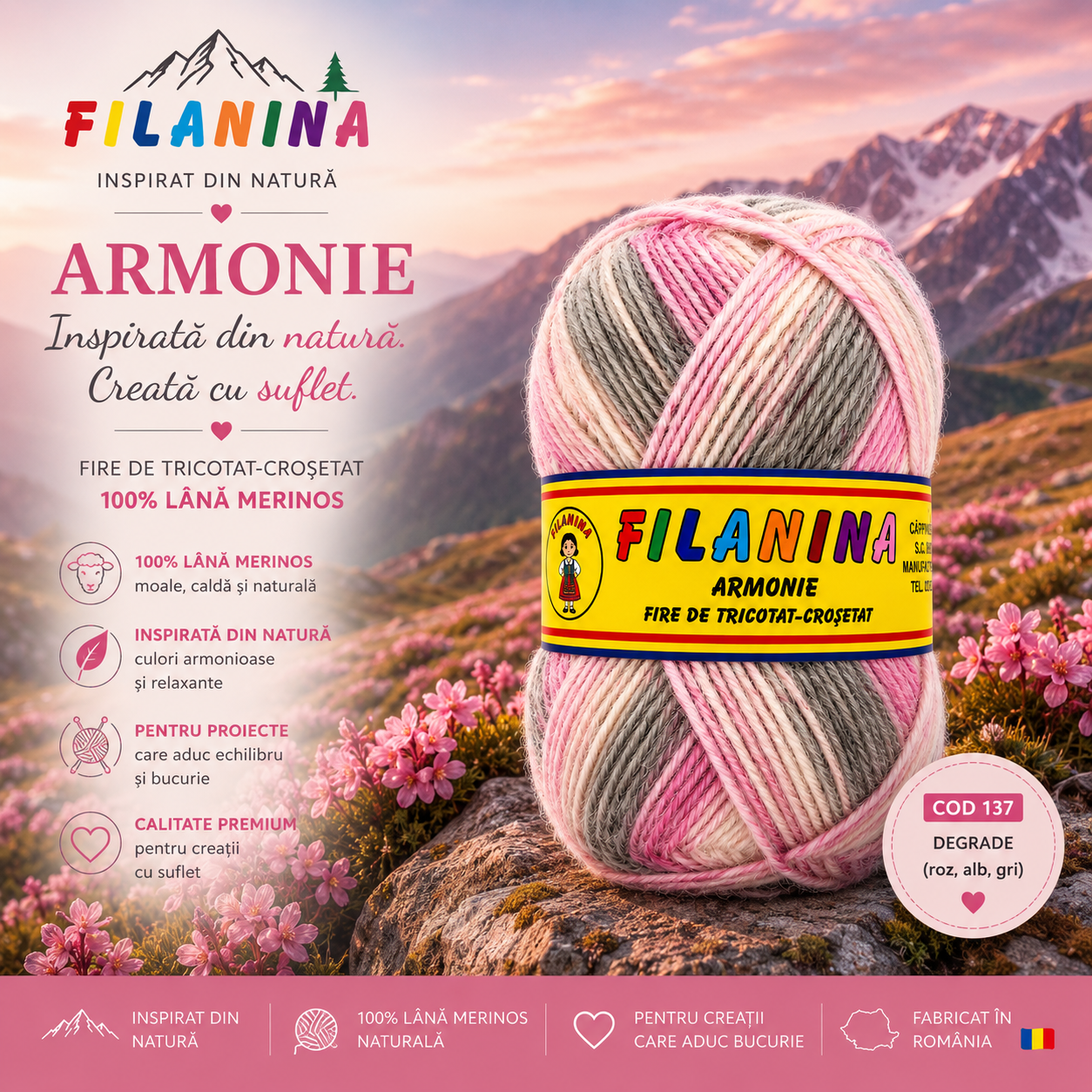 Lână 100% - 200m/ 100GR, COD 137- DEGRADE (roz, alb, gri) - imagine 2
