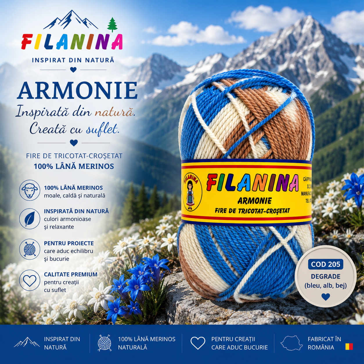 Lână 100% - 170m/ 100GR, COD 205- DEGRADE (bleu, alb, bej) - imagine 2